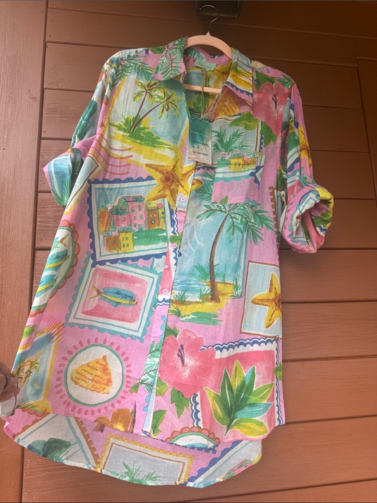 True Destinations Tops - Colorful Tropical Print Button-Up Shirt — Pink, Yellow, Green, Blue